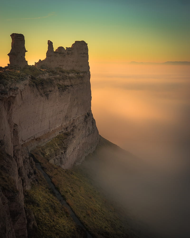 rock, cliff, fog, mountain, height, stone, HD phone wallpaper