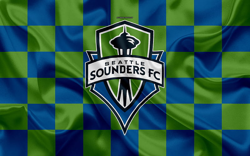 Seattle Sounders FC logo, creative art, blue green checkered flag, American Soccer club, MLS, emblem, silk texture, Seattle, Washington, USA, football, Major League Soccer, HD wallpaper