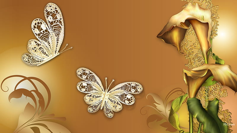 Elegant Cala Lily, cala lily, gold, butterfly, lace, flower, lily, luxurioius, butterflies, HD wallpaper
