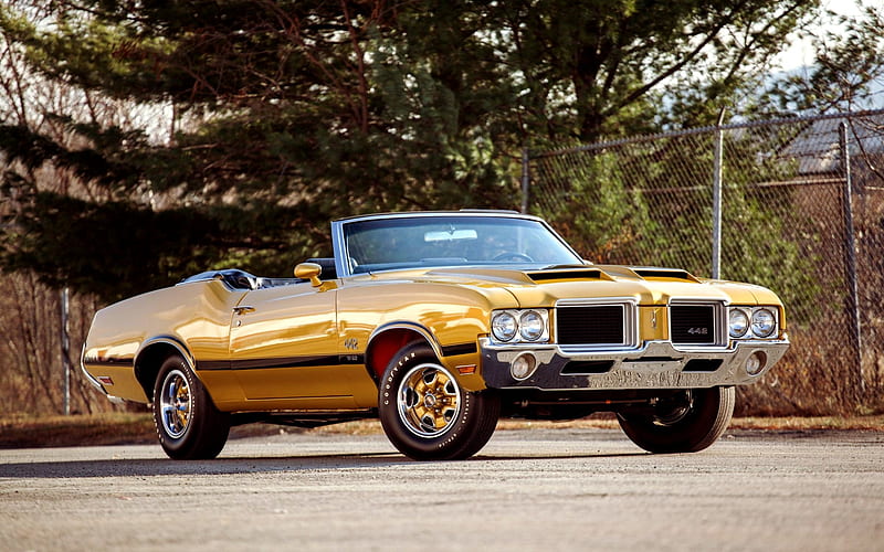 Oldsmobile 442, W30, 1970, yellow convertible, american cars, front view, vintage cars, Oldsmobile, HD wallpaper
