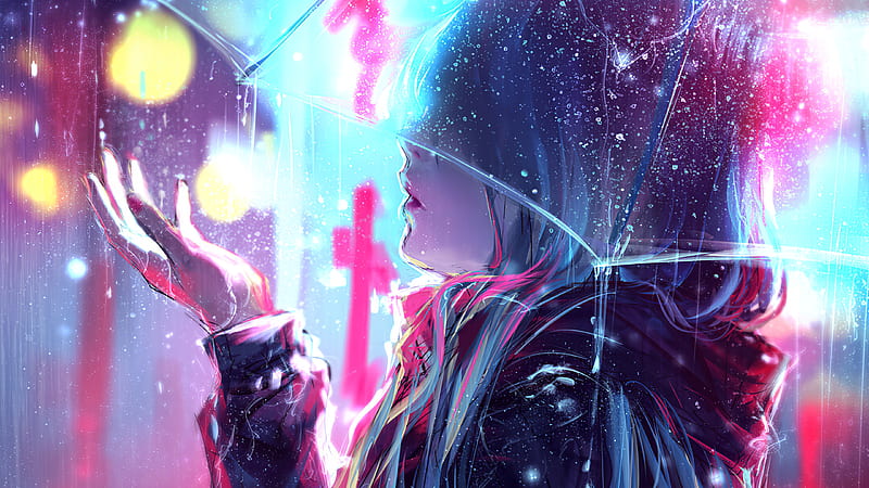 Raining Anime Girl Blur Lights , anime-girl, anime, rain, artist, artwork, digital-art, artstation, HD wallpaper