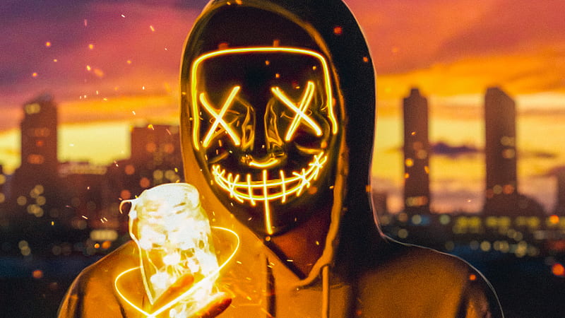 Neon Mask Guy With Light Cube, artist, neon, mask, HD wallpaper