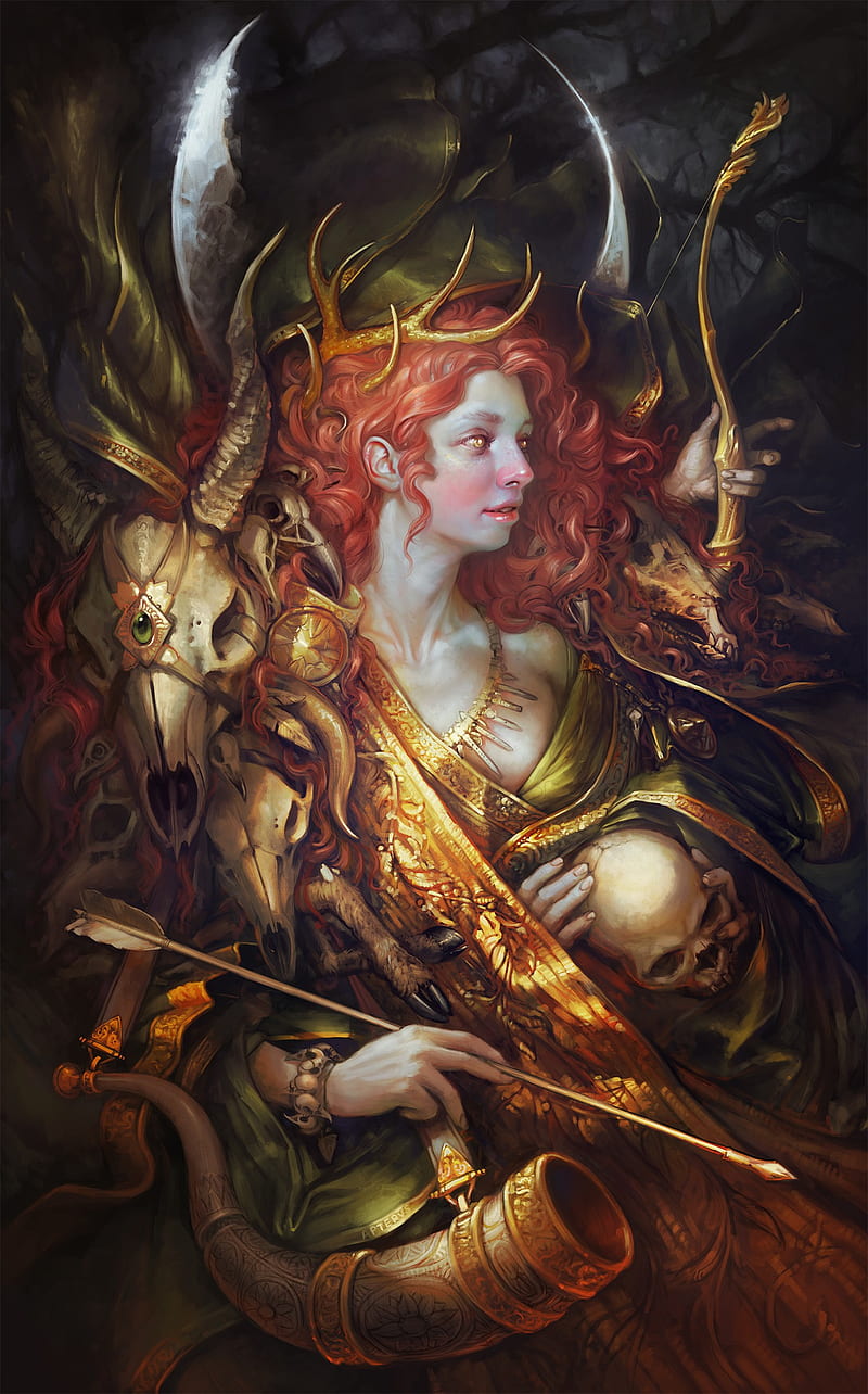 fantasy girl, skull, fantasy art, redhead, HD phone wallpaper