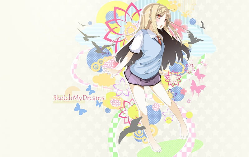 ~Sketch My Dreams~, colorful, girl, anime, birds, flowers, barefoot, HD wallpaper