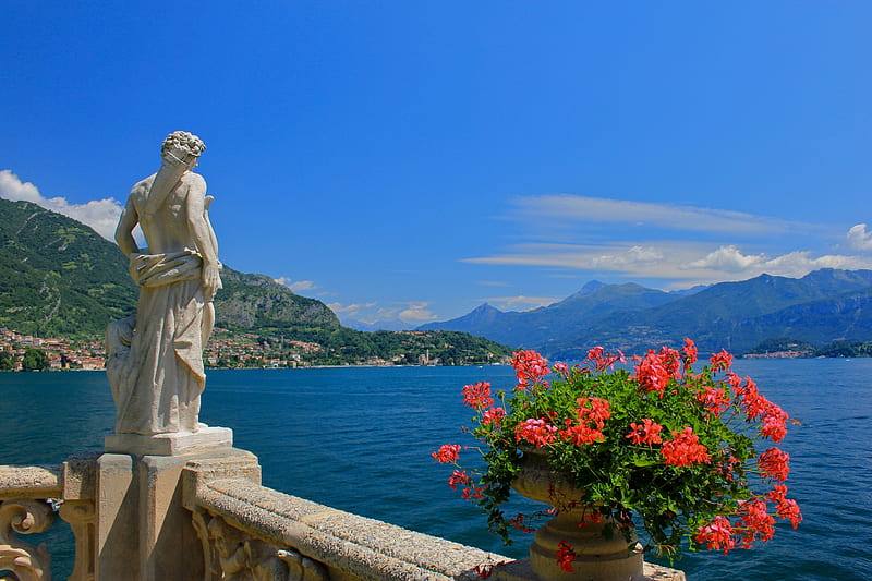 Billa del Balbianello, Lake Como, Italy, water, statue, mountains, flowers, sky, HD wallpaper