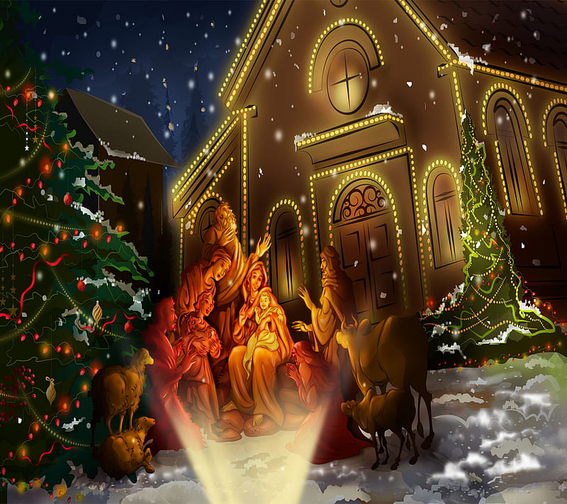nativity scene, christmas, christmas tree, holiday, jesus, lamb, tree, HD wallpaper