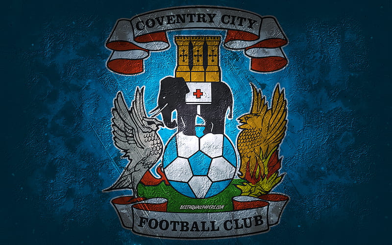 Coventry City FC, English football team, blue background, Coventry City FC logo, grunge art, EFL Championship, Coventry, football, England, Coventry City FC emblem, HD wallpaper