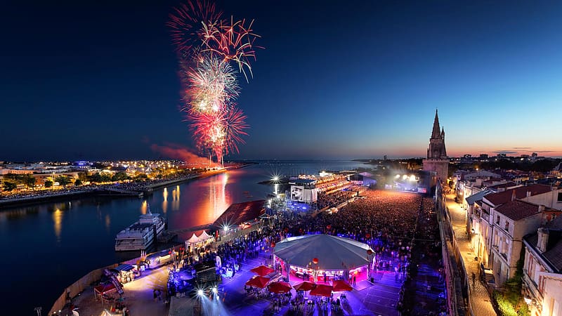 Night, City, France, Fireworks, River, , La Rochelle, HD wallpaper
