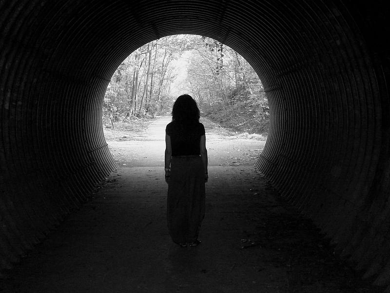 My Light at the End of the Tunnel, dark tunnel, tunnel, black white tunnel, HD wallpaper