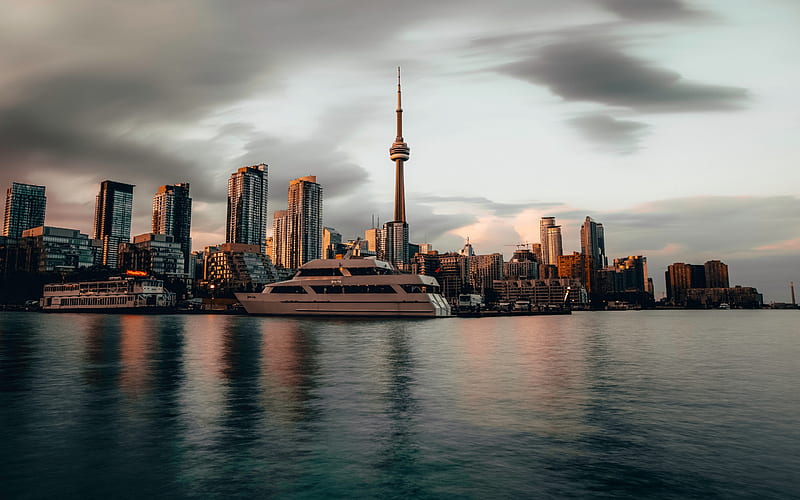 Toronto, CN Tower, evening, sunset, modern architecture, skyscrapers, Toronto cityscape, Canada, HD wallpaper