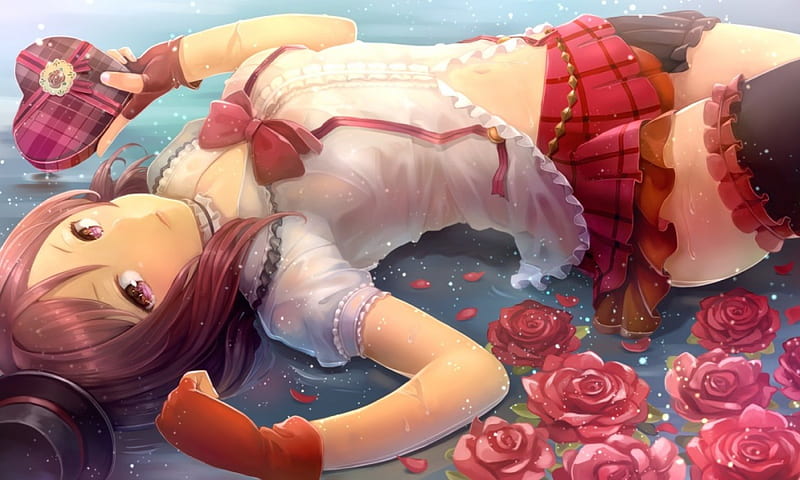 ...... Chocolate?, pretty, wet, dress, rose, adorable, valentine, floral, sweet, red rose, blossom, nice, miniskirt, anime, happy valentine, hot, anime girl, present, female, lovely, brown hair, skirt, blouse, sexy, gift, short hair, cute, kawaii, water, girl, lay, flower, laying, HD wallpaper