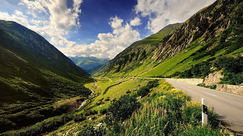 Lovely road next to a river valley, mountains, river, road, clouds ...