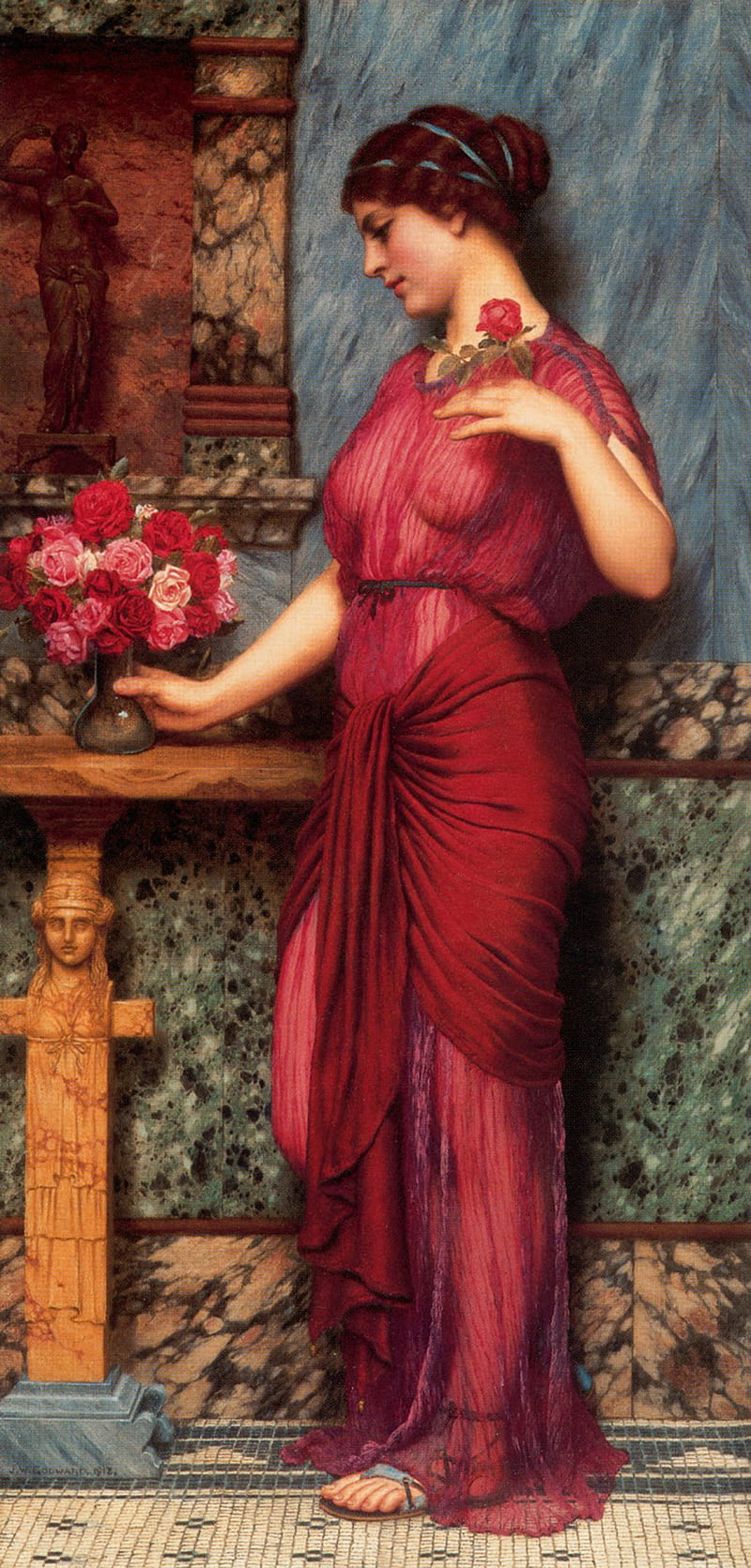 artwork, painting, Greek, Greece, classic art, red dress, red, women, flowers, HD phone wallpaper