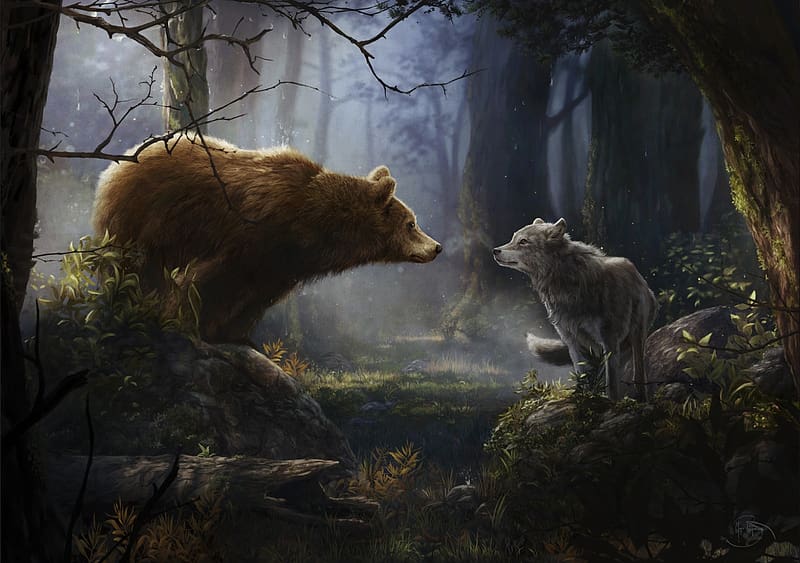In the heart of the woods, bear, urs, art, fantasy, wolf, forest, marie beschorner, dark, lup, HD wallpaper