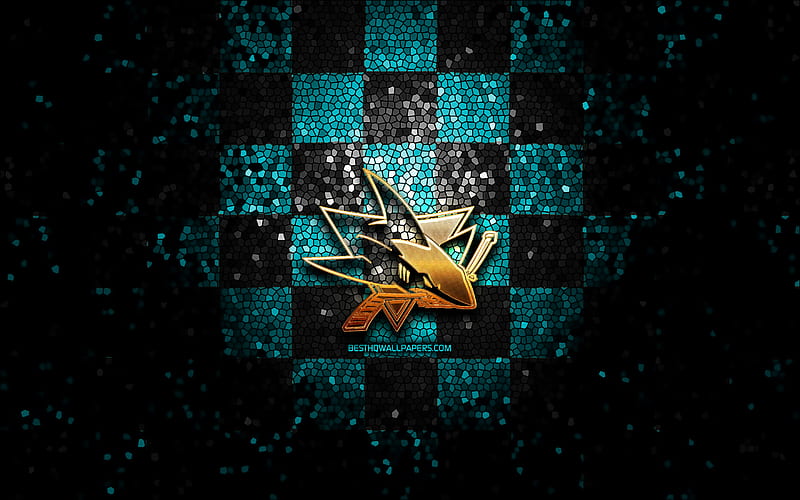 San Jose Sharks, glitter logo, NHL, blue black checkered background, USA, american hockey team, San Jose Sharks logo, mosaic art, hockey, America, HD wallpaper