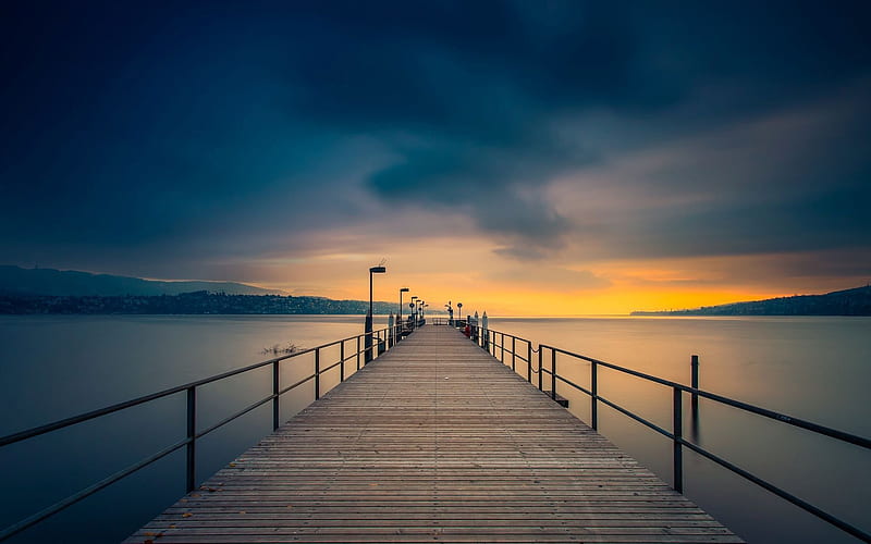 Wooden pier golden sunset-Nature, HD wallpaper