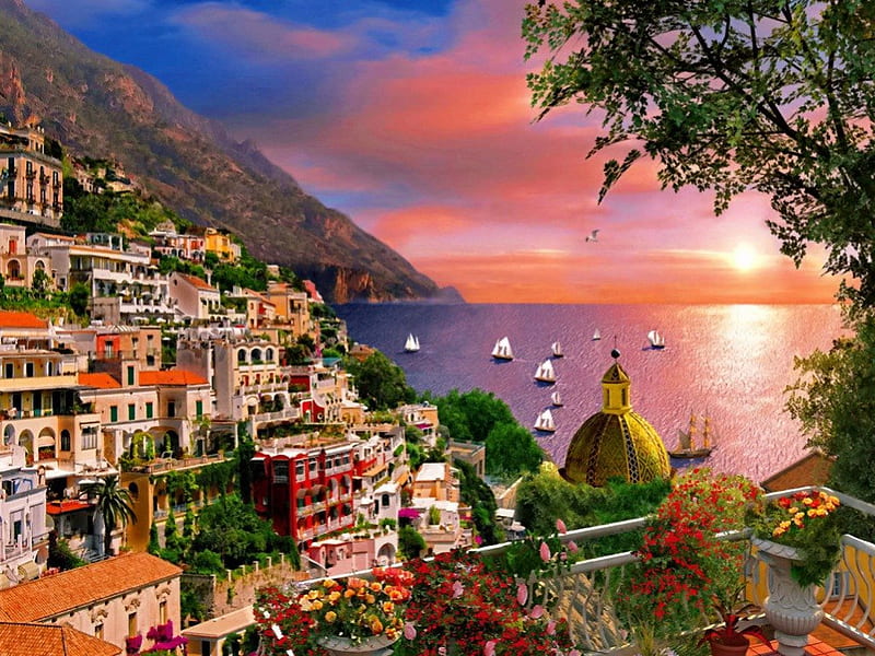 Amalfi coast, shore, sun, mountain, nice, boats, village, beauty, italy, lovely, houses, ocean, town, greenery, sky, trees, water, rays, purple, red, colorful, cottages, bonito, sea, cascades, amalfi, pink, cabins, street, amazing, sunlight, colors, peaceful, summer, coastal, nature, reflections, coast, sailboats, HD wallpaper