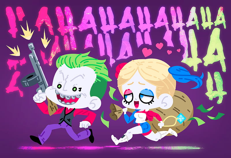 Joker And Harley Quinn Fat Heads, joker, harley-quinn, behance, supervillain, artist, artwork, digital-art, superheroes, HD wallpaper