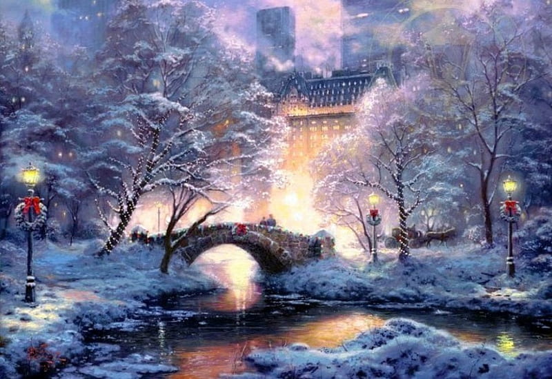 ★Christmas Holidays★, pretty, Christmas, holidays, attractions in dreams, bonito, xmas and new year, paintings, parks, central park, cities, lovely, lamps, bridges, colors, love four seasons, creative pre-made, creek, christmas trees, winter, wreaths, snow, winter holidays, HD wallpaper