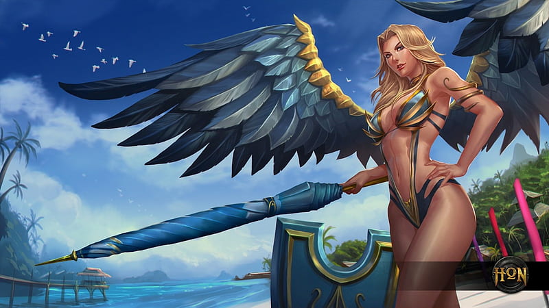 Valkyrie, wings, angel, umbrella, game, heroes of newerth, woman, beach, fantasy, summer, blue, HD wallpaper