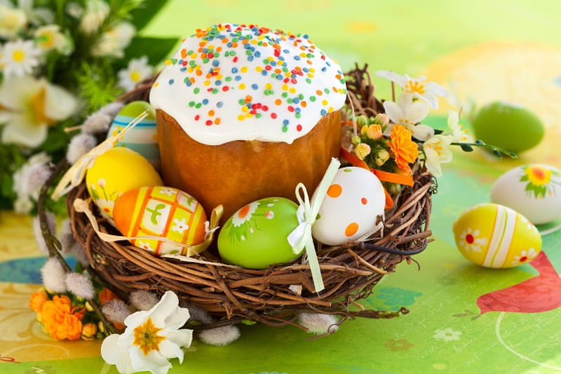 Easter Cake, cake, Easter eggs, bows, still life, Easter, nest, eggs, flowers, Spring, HD wallpaper