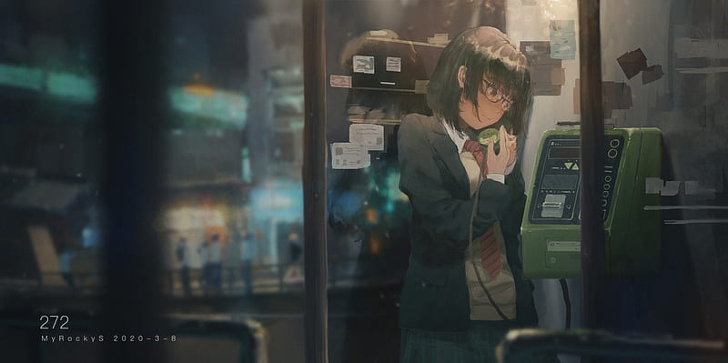 anime girl, ;phone call, megane, short hair, glasses, school uniform, Anime, HD wallpaper