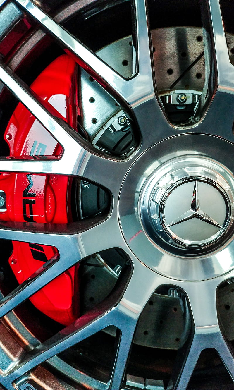 Piece of perfection, 2017, amg, auto, automotive, brake, close up, details, disk, fast, mercedes, metal, new, red, rim, tire, vehicle, wheel, HD phone wallpaper