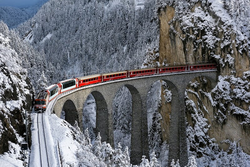 Train in Switzerland, snow, bridge, railways, winter, landscape, HD wallpaper