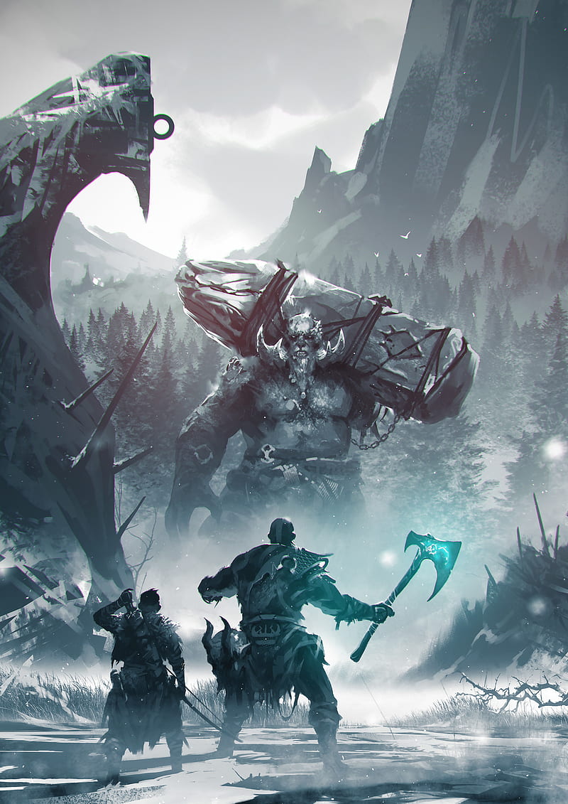 Wallpaper god of war, weapon, kratos, Fenrir, snow, blow, man, boy