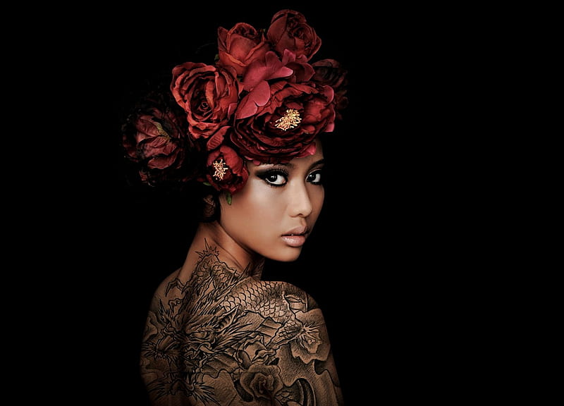 Beauty, red, wreath, model, tattoo, black, woman, girl, flower, asian, HD wallpaper