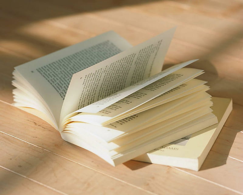 Books, paper, pages, wood, HD wallpaper