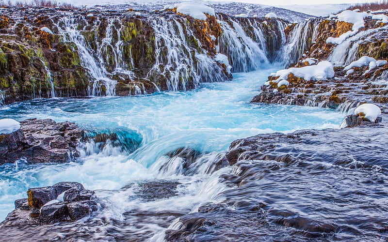 Iceland, waterfall, snow, mountains, rocks, river, HD wallpaper