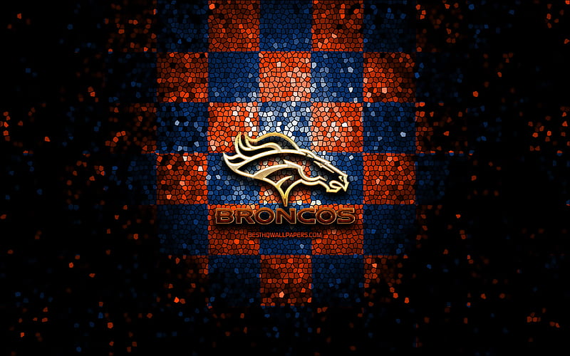 Denver Broncos, glitter logo, NFL, blue orange checkered background, USA, american football team, Denver Broncos logo, mosaic art, american football, America, HD wallpaper