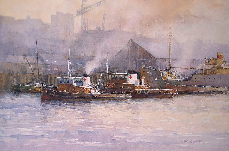 Ian Ramsay art, art, buildings, ian ramsay, seaport, albatross, fisherman, sea, boat, water, ship, painting, smoke, HD wallpaper