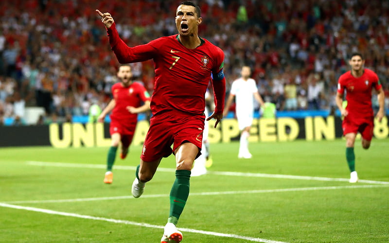 Cristiano Ronaldo, goal, Portuguese football team, Russia 2018, CR7, artwork, soccer, Ronaldo, footballers, drawing Cristiano Ronaldo, joy, Portugal National Team, HD wallpaper