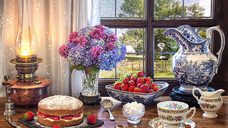 Tea Time, cake, table, lamp, window, flowers, painting, garden, porcelain, strawberries, HD wallpaper