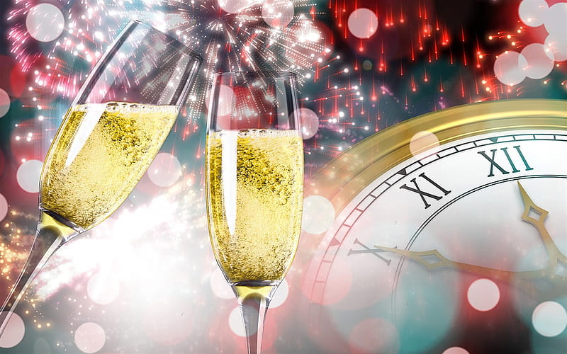 midnight, New Year, 2018, clock, champagne, glass glasses, Happy New Year, fireworks, HD wallpaper
