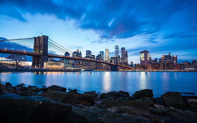 Brooklyn Bridge New York, nightscapes, skyscrapers, NYC, America, USA, HD wallpaper