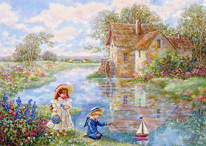 Life at the Watermill, scenic, mill, refection, children, countryside, boat, water, flowers, scenery, toys, HD wallpaper