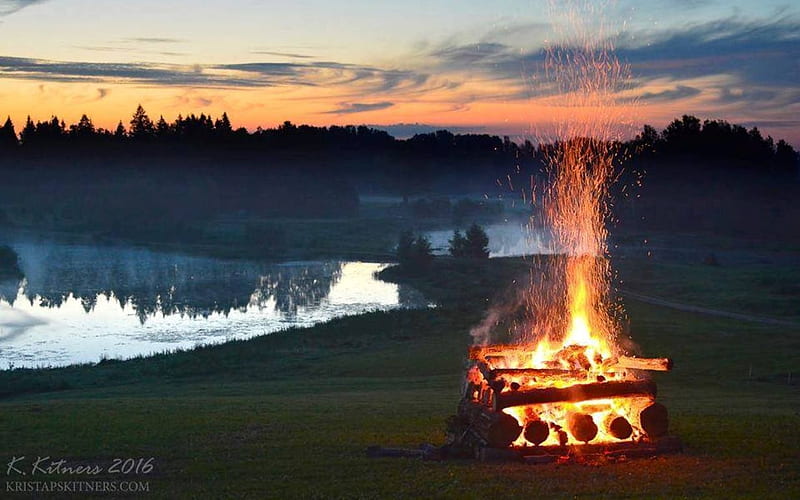 Midsummer Night Fire in Latvia, fire, Latvia, midsummer, lake, night, HD wallpaper