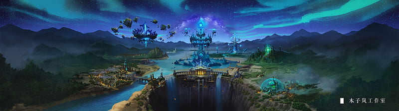 floating island, fantasy landscape, night, artwork, bridge, waterfall, scenery, Fantasy, HD wallpaper