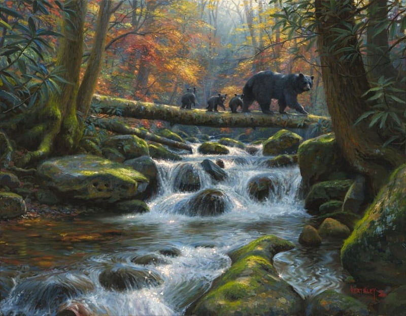 Precious Crossing, family, stones, painting, creek, bears, trees, artwork, pups, HD wallpaper