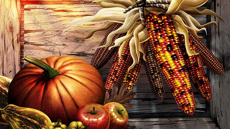Pumpkin Apple With Roasted Corn Thanksgiving, HD wallpaper
