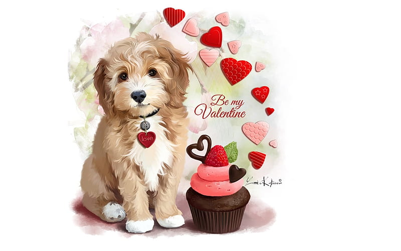 Happy Valentine's Day!, art, lorri kajenna, food, caine, valentine, animal, sweet, dessert, cute, cupcake, heart, dog, puppy, HD wallpaper