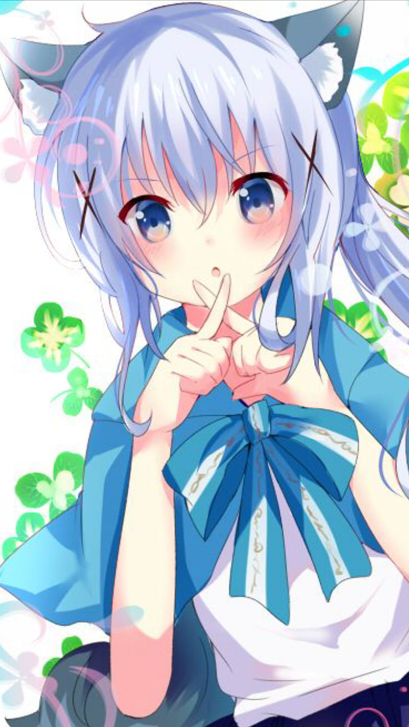 Anime girl, blue, cat, cute, kawai, kawaii, HD phone wallpaper