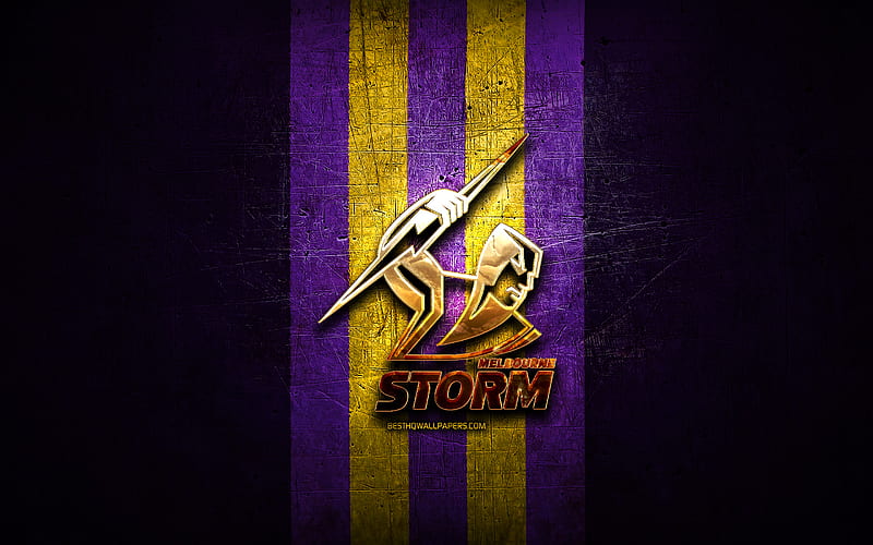 Melbourne Storm, golden logo, National Rugby League, violet metal background, australian rugby club, Melbourne Storm logo, rugby, NRL, HD wallpaper