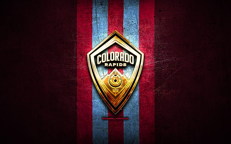 Colorado Rapids, golden logo, MLS, purple metal background, american soccer club, Colorado Rapids FC, United Soccer League, Colorado Rapids logo, soccer, USA, HD wallpaper