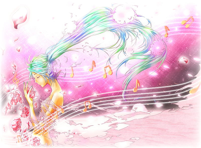 miku, sketch, colorful, anime, music, sad, miku hatsune, petals, HD wallpaper