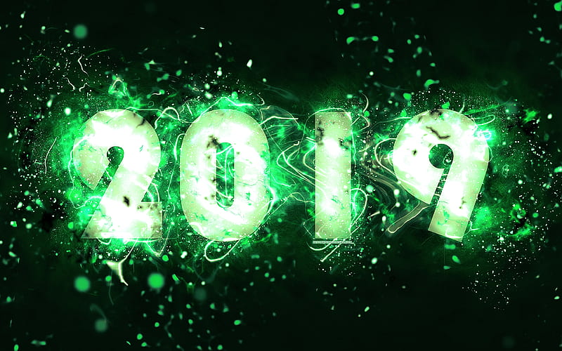 2019 year, green background, neon lights, abstract art, creative, 2019 concepts, green neon, Happy New Year 2019, HD wallpaper