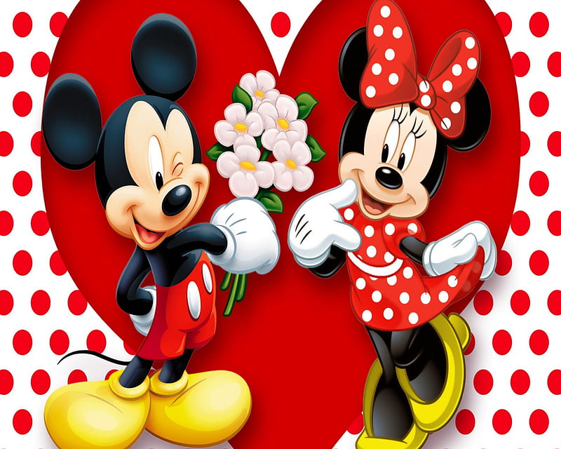 Mickey Mouse, couple, cute, flowers, good, love, minnie, wink, HD wallpaper